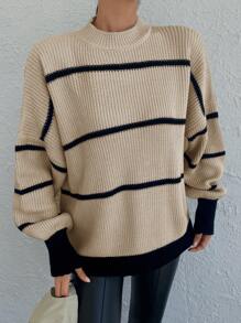 EURMUSE Striped Drop Shoulder Sweater - Beige - View 4