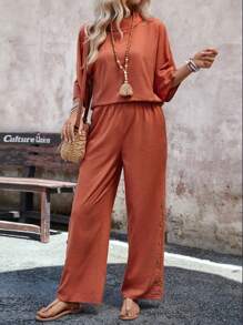 SHEIN LUNE Textured Linen Double-Breasted Casual Women's Outfit, 2pcs - Orange - View 4
