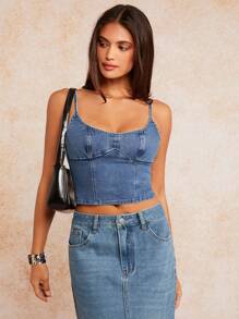 Forever 21 Lato, jesień i zima Kobieta niebieski sprany Y2K/Seksowny/Vintage/Styl gorsetowy/Halloween/Podstawowe/Uroczy/Kwadratowy dekolt Denim Top/Top bez rękawów/Kamizelka