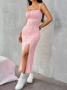 SHEIN EZwear 女式花卉印花针织侧开衩长款吊带连衣裙，度假 - 淺粉色 - 查看 6