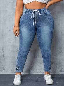 SHEIN CURVE+ 大码女式纯色简约休闲绑带牛仔裤 - 中等水洗藍 - 查看 4