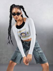 Rick and Morty X SHEIN Women's Cartoon Character & Slogan Print 2 In 1 Fitted Cropped T-Shirt, Graphic Tee - White - View 3