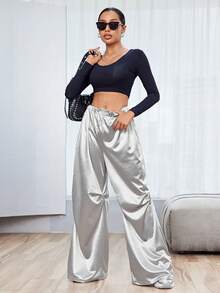 SHEIN Essnce 女士休闲时尚银色抽绳百褶休闲运动宽松裤特长拖地裤降落伞裤阔腿女裤秋季女装 - 銀色 - 查看 6
