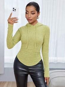 SHEIN Essnce 女士连帽长袖修身迷人优雅 T 恤、女士连帽衫、保暖、绿色女装、基本款连帽衫、纯色 T 恤、修身 T 恤、秋装、秋季女士 - 青檸色 - 查看 4