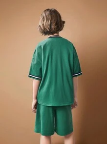 SHEIN 2pcs Tween Boy Letter Print Short Sleeve Shirt & Shorts Set - Green - View 2