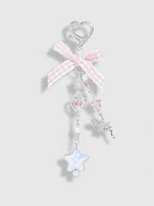 ROMWE Kawaii 1pc Sweet And Lovely Schoolgirl-Style Pink Plaid Woven Ribbon Bow Crystal Star Heart Pearl  Pendant Keychain Bag Charm, Suitable For Women And Students' Daily Decoration And Festival Gifts