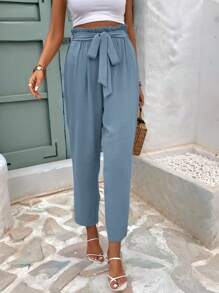 SHEIN Frenchy Pantalones largos casuales para mujeres con cintura ajustable de cordón y color sólido para uso diario