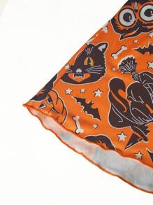 女士橙色万圣节南瓜和猫全身印花圆领无袖荷叶边收腰 A 字裙，带松紧下摆，秋季节日派对服装 - 橘色 - 查看 6