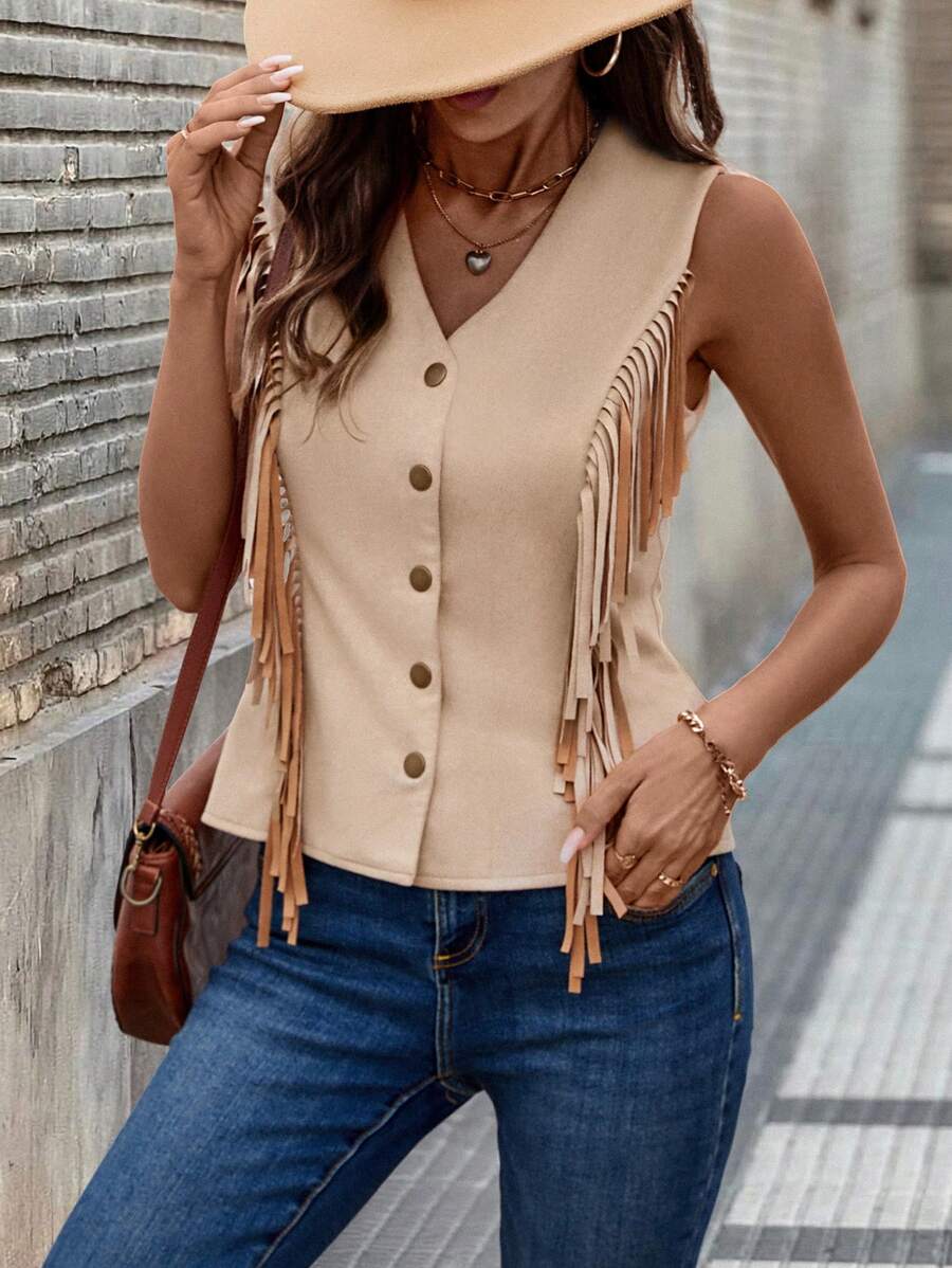 SHEIN LUNE WOMEN'S FRINGE SUEDE VEST - Khaki - View 1