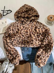 SHEIN EZwear 秋冬女士棕色豹纹连帽卫衣 - 彩色 - 查看 3