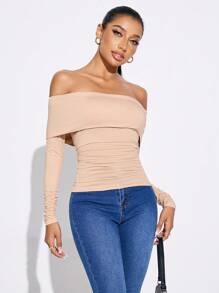 SHEIN SXY Damenkleidung, einfarbig, schulterfrei, gerüscht, langärmelig, T-Shirts, Ausgehoberteil für den Herbst - Khaki - Übersicht 1