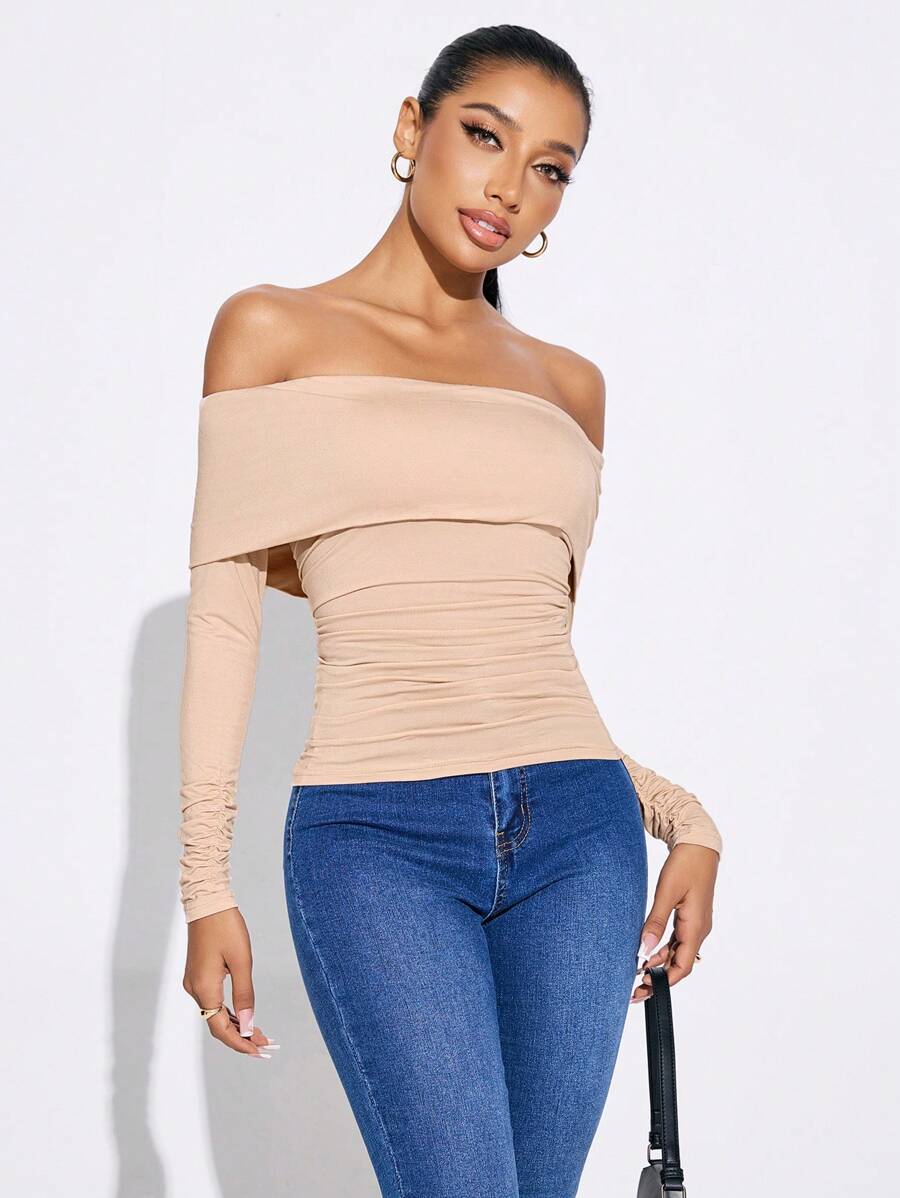SHEIN SXY Damenkleidung, einfarbig, schulterfrei, gerüscht, langärmelig, T-Shirts, Ausgehoberteil für den Herbst - Khaki - Übersicht 1