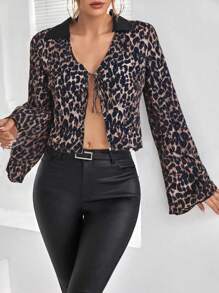 SHEIN Essnce 女式豹纹褶饰前系带 V 领喇叭袖衬衫，春/秋 - 棕色 - 查看 5
