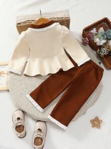 SHEIN طقم فتاة شتوي خريفي دافئ: معطف صوفي بياقة مكسرة و بنطلون مطوي 2 قطعة - متعدد الألوان - مشاهدة 6