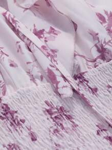 FRIFUL 女式圆领荷叶边全印花时尚褶皱优雅迷人连衣裙太阳裙 - 紫色 - 查看 4