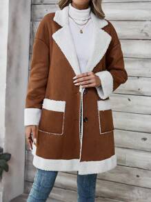 EMERY ROSE 女式撞色口袋前扣长袖常规外套，秋冬季 - 鏽棕色 - 查看 6