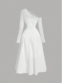 SHEIN MOD White Asymmetrical Pleated Long Sleeve Dress, Gorgeous And Romantic, Women,Brunch Women Outfit,Sun Dress,Tea Party Dress,White Graduation Dress
