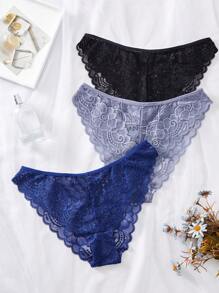 3 件套蕾丝设计简约浪漫女士三角裤内衣 - 彩色 - 查看 3