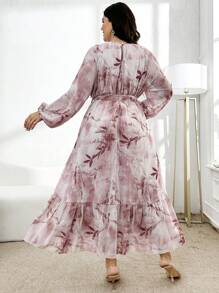 Modelyn Plus Size Round Neck Long Sleeve Allover Print Waist Tie Elegant Dress, Full Cover Dress For Casual Daily/Work/Holiday/Evening Parties/Wedding Guest Long Evening Dresses