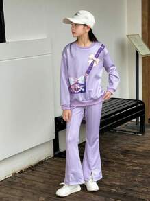 SHEIN 2pcs/Set Girls' Purple Floral Print Hoodie Sweatshirt And Pants Set - Purple - View 4