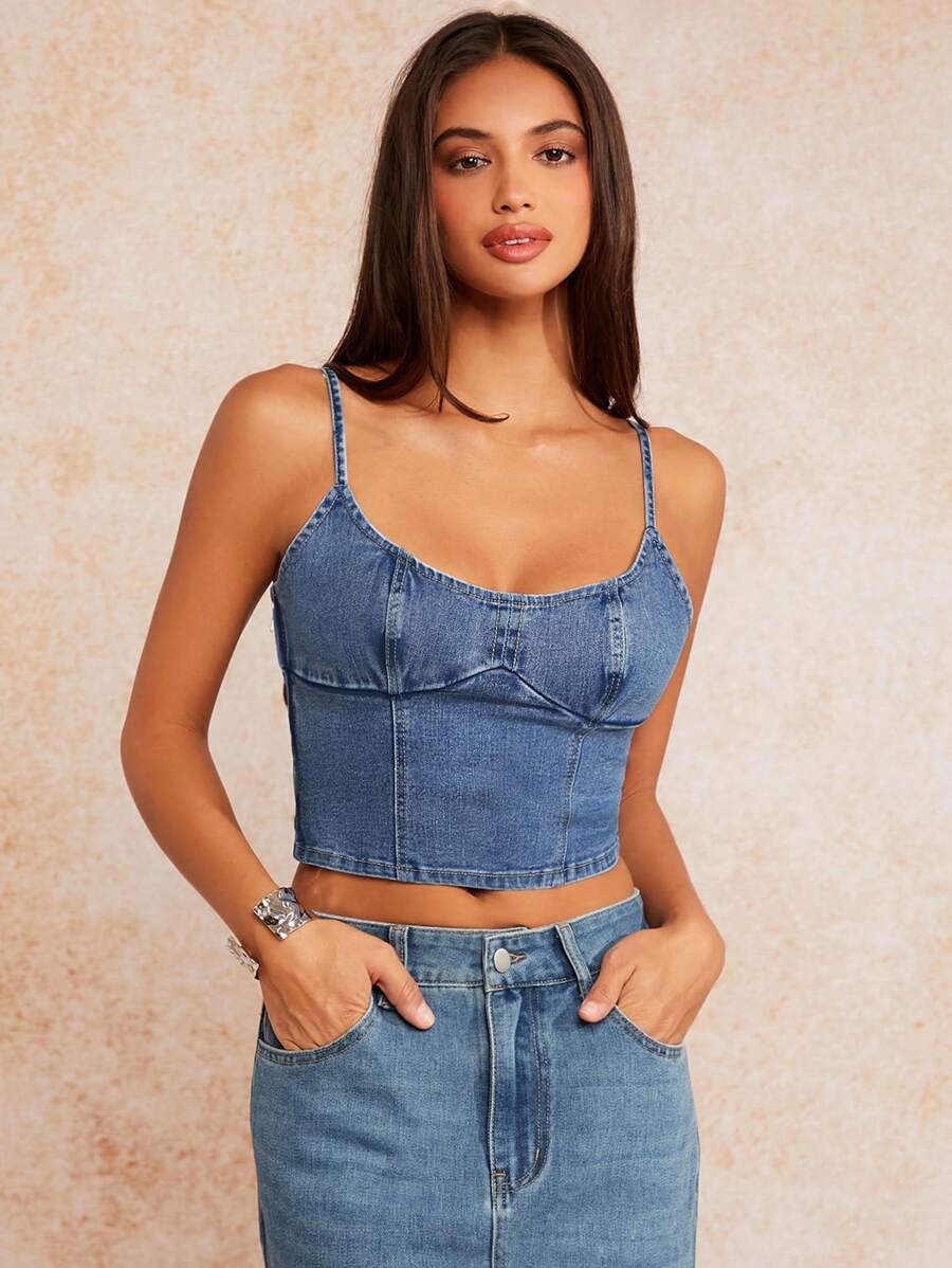 Forever 21 Lato, jesień i zima Kobieta niebieski sprany Y2K/Seksowny/Vintage/Styl gorsetowy/Halloween/Podstawowe/Uroczy/Kwadratowy dekolt Denim Top/Top bez rękawów/Kamizelka