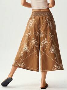 Bohemela Pantalon large et ample à jambe évasée avec décoration brodée pour femmes, adapté aux vacances