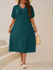 EMERY ROSE Plus Size Women's Textures Ruffled Edge V-Neck Puff Sleeve Dress For Summer - Dark Green - View 1