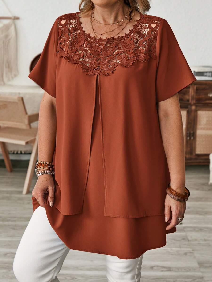 EMERY ROSE Quần áo giáo viên cỡ lớn cho nữ chín muồi thời trang ren vá vá tay ngắn dài cho mẹ - Rỉ Nâu - Xem 1