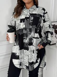 SHEIN LUNE Plus Size Newspaper Floral Print Asymmetric Hem Button-Up Long Sleeve Casual Shirt - Black and White - View 1
