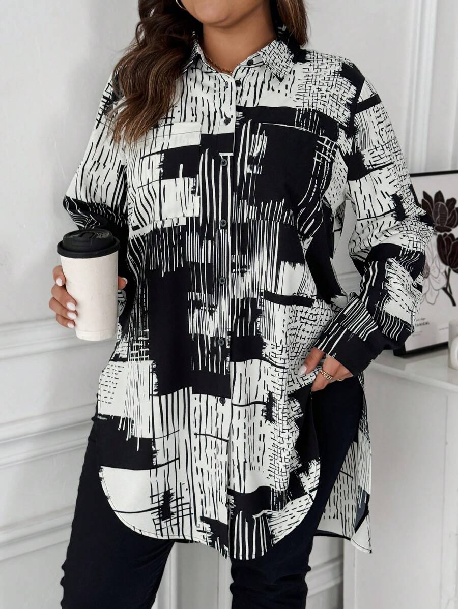 SHEIN LUNE Plus Size Newspaper Floral Print Asymmetric Hem Button-Up Long Sleeve Casual Shirt - Black and White - View 1