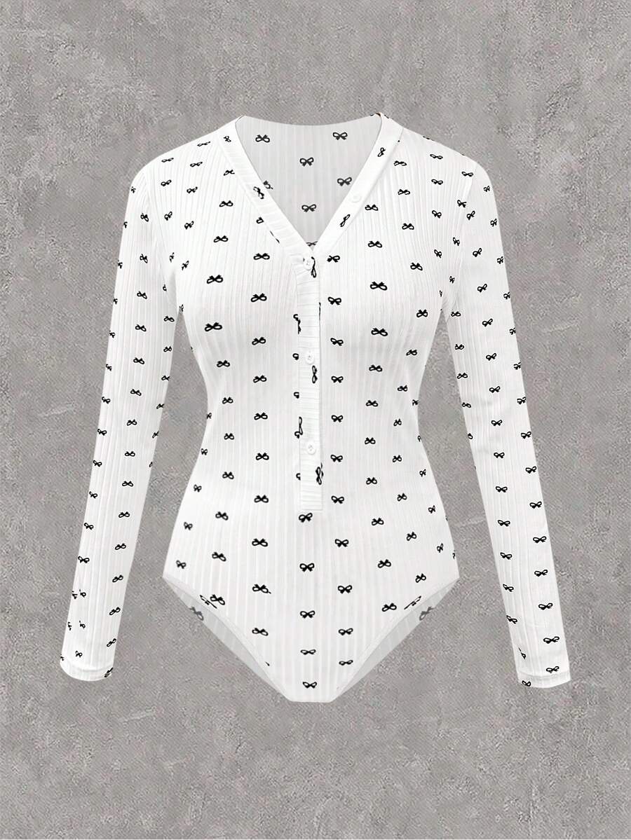 Flirla Plus Size Xuân & Hè Áo liền quần in hình nơ có gân thông thường - trắng - Xem 1