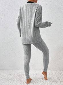 Chiquease 3pcs/Set Women's Elegant Asymmetrical Ribbed Contrast Color Outfit - Grey - View 2