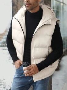 Manfinity Homme Plus Size Men's Solid Color Hooded Padded Vest Jacket - Beige - View 5