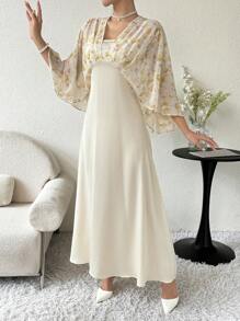 Modelyn Women V-Neck Floral Print Summer Elegant Arabian Dress Long Evening Dresses - Apricot - View 4