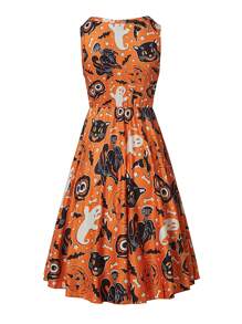 女士橙色万圣节南瓜和猫全身印花圆领无袖荷叶边收腰 A 字裙，带松紧下摆，秋季节日派对服装 - 橘色 - 查看 2