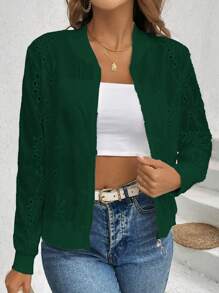 SHEIN LUNE Damen Baseball Jacke in Unifarbe mit Stickerei, Frühling & Herbst - Dunkelgrün - Übersicht 4