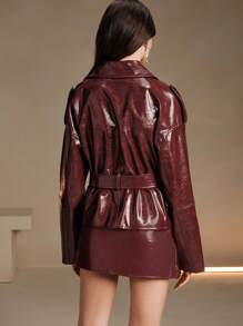 Anewsta Women's Modern Red Fashionable Waist Belt Leather Jacket For New Year Clothes - Red - View 2