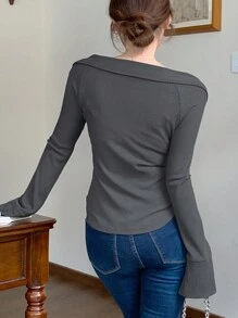 DAZY Women's Casual Solid Color Bell Sleeve Button Front T-Shirt, Spring & Autumn - Grey - View 3