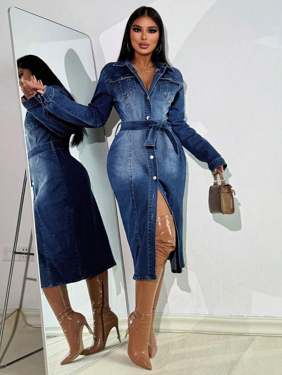 SHEIN EZwear Áo khoác & áo khoác denim nữ Áo khoác dài tay midi Áo khoác denim xanh midi Áo khoác dài nữ Trang phục dạ hội Halloween Quần áo mùa thu Áo khoác nữ - Rửa trung bình - Xem 1