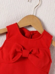 SHEIN 3件套女婴优雅贝雷帽、披肩和无袖连衣裙套装，适合秋冬季穿着 - 紅色 - 查看 9
