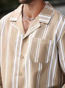 Manfinity Homme Men's Plus Size Spring Autumn Casual Striped Long Sleeve Shirt & Pants Set - Khaki - View 3