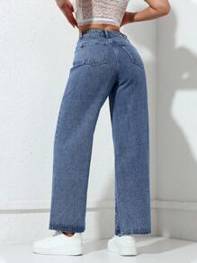 SHEIN PETITE 女士休闲破洞直筒牛仔裤 - 中等水洗藍 - 查看 3