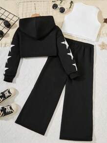 3 chiếc áo hoodie crop top in hình ngôi sao tuổi teen giản dị cho cô gái tuổi teen, quần cực dài và bộ áo ba lỗ màu trơn - màu đen - Xem 2