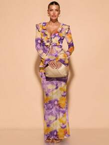 SHEIN BAE Váy che phủ họa tiết hoa lưới cho nữ, khu nghỉ dưỡng mùa hè - Màu tím - Xem 6