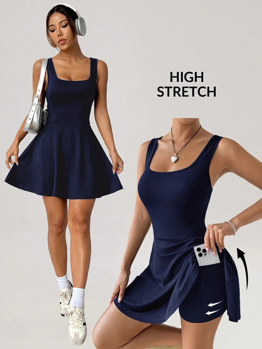 SHEIN EZwear 海军蓝针织无袖紧身连衣裤 - 藏蓝色 - 查看 1