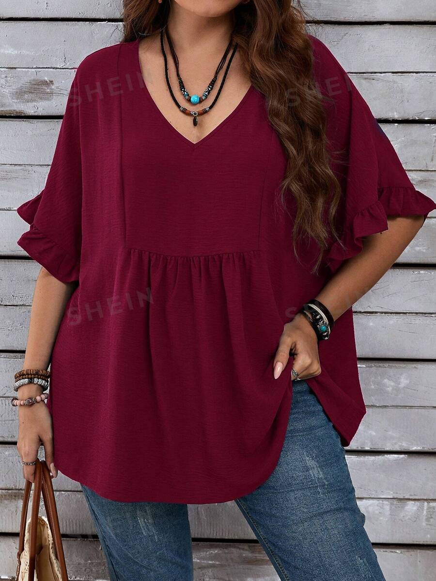 EMERY ROSE Bluză Mom Casual De Vacanță De Damă Dimensiuni Plus Cu Mâneci Volanate Pentru Vară - Burgundia - Vizualizare 1