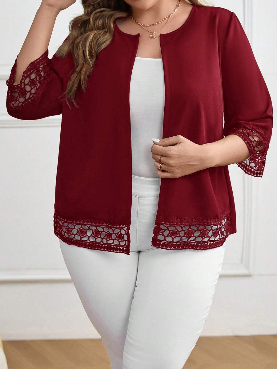 EMERY ROSE Chaqueta blazer casual de cuello redondo con contraste de encaje en talla grande - Burdeos - Ver 1