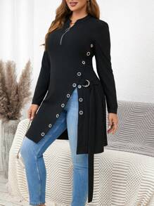 SHEIN Clasi Plus Size Nữ Màu Trơn Tối Giản Hàng Ngày Dây Kéo & Nhẫn Accent Áo Thun Dài Tay - màu đen - Xem 1