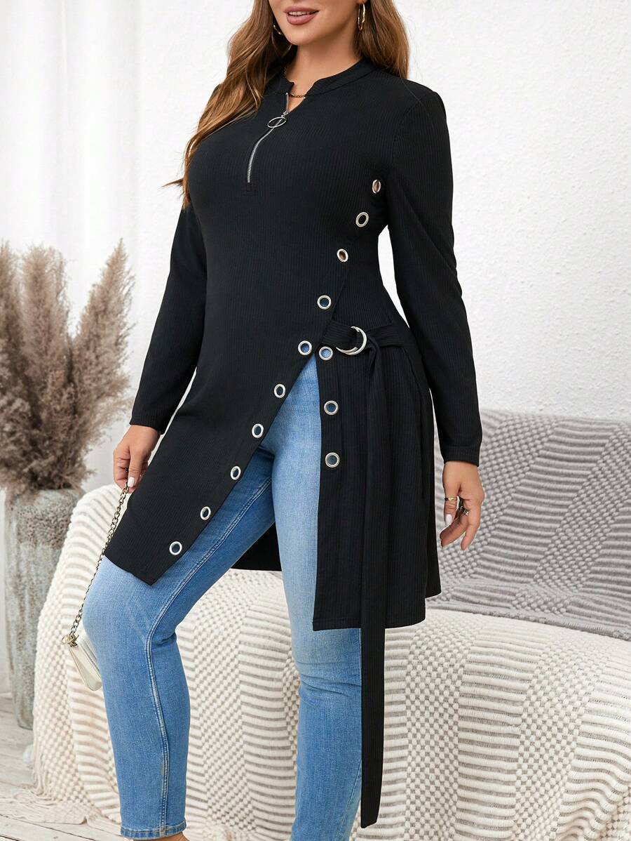 SHEIN Clasi Plus Size Nữ Màu Trơn Tối Giản Hàng Ngày Dây Kéo & Nhẫn Accent Áo Thun Dài Tay - màu đen - Xem 1