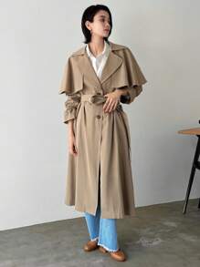 FRIFUL Áo khoác dài trơn màu thường ngày cho nữ, Áo khoác nữ mùa thu - Màu Khaki - Xem 5